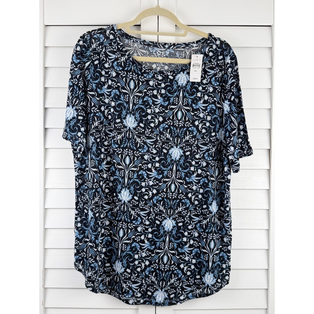 LOFT T-Shirt XXL Blue Floral Linen Damask Short Sleeve Scoop Neck NEW